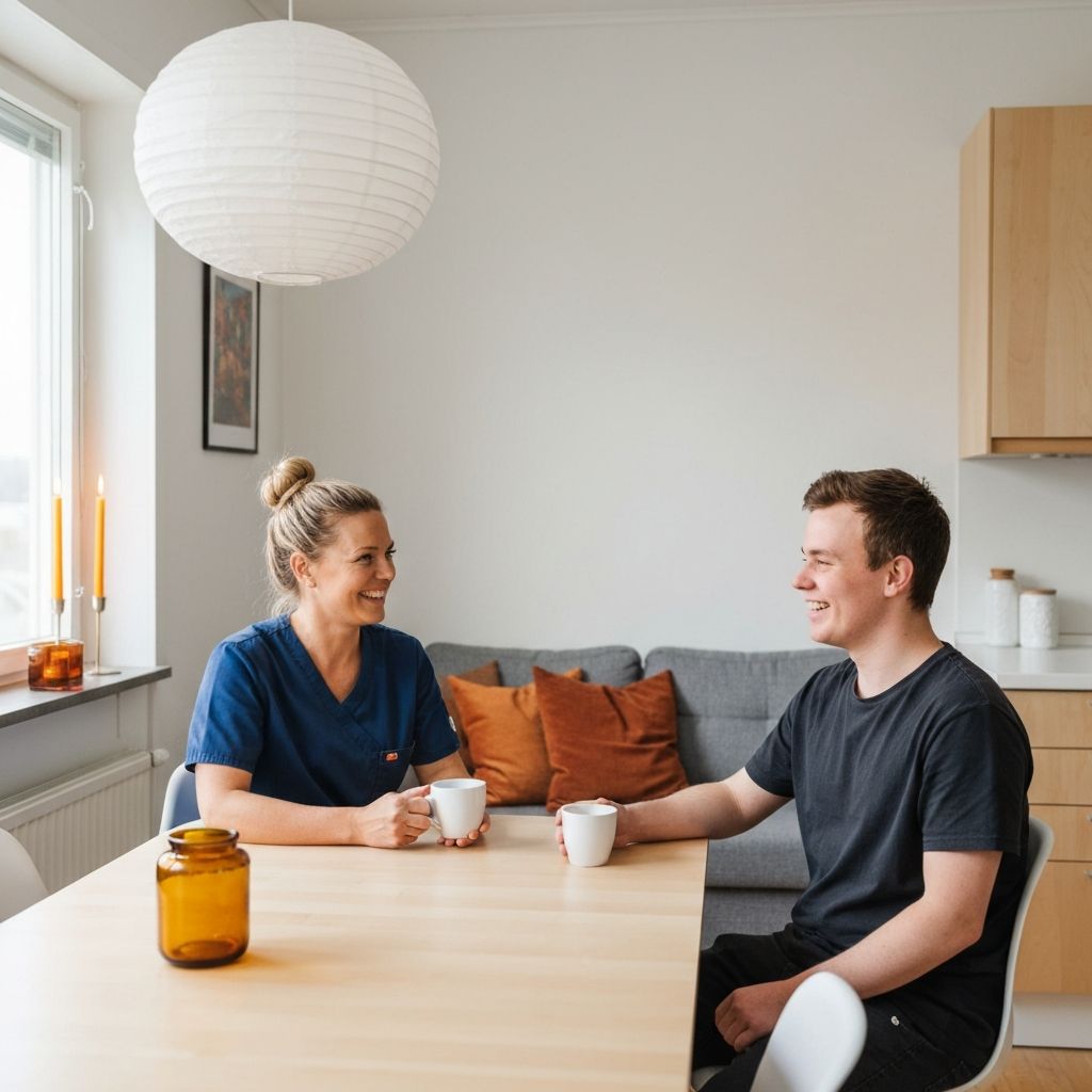 Stodpersonal och ung vuxen i en hemlik LSS-gruppboende-miljo